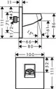 Schematik eines Wandanschlusses von Hansgrohe für eine Kopfbrause, mit detailierten Maßen und technischem Design. Sicht auf Vorder- und Seitenansicht.